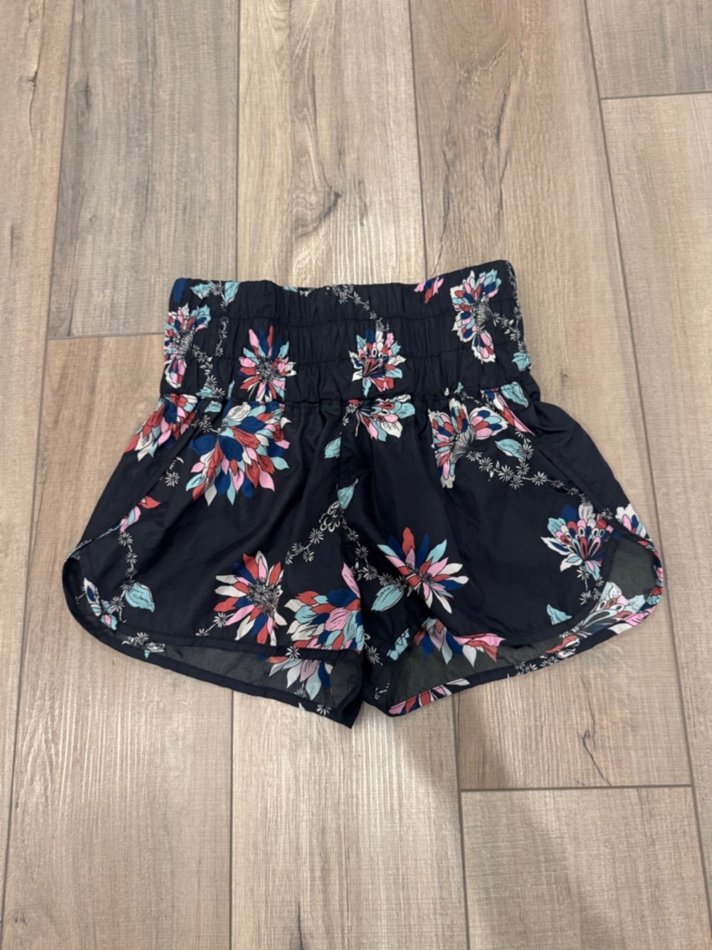 Free People Black Floral Smocked-Waist Athletic Shorts